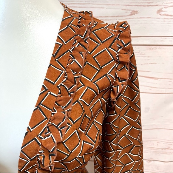 NWT Brown Geo Print Frill Detail Skater Dress - Picture 3 of 8